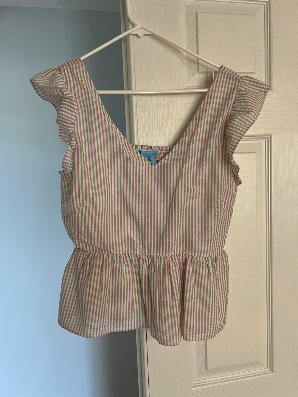 Draper James Pink & White Striped Peplum Ruffle Sleeve Top